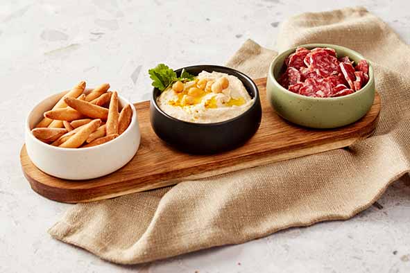 Bites Apero Set - 3 Bowls, 9.5 x 3.5cm / 3 3/4 x 1 3/8" + Board, 32 x 10.5cm /12 5/8 x 4 1/8"