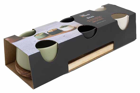 Bites Apero Set - 3 Bowls, 9.5 x 5.5cm / 3 3/4 x 2 1/8" + Board, 32 x 10.5cm /12 5/8 x 4 1/8"