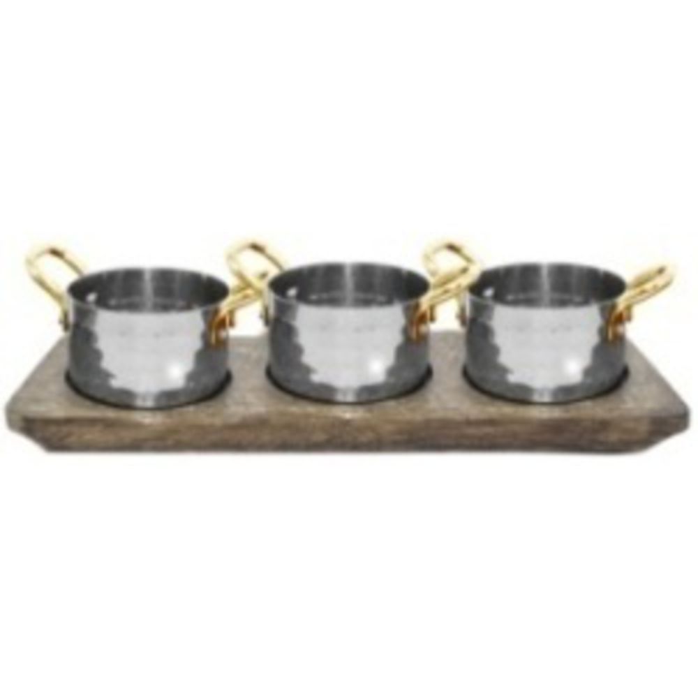 S/Steel Three Medium, Hammered Mini Sauce Pan W/ Vintage Finish Wood Underliner, 8.2 cm - 3.25"