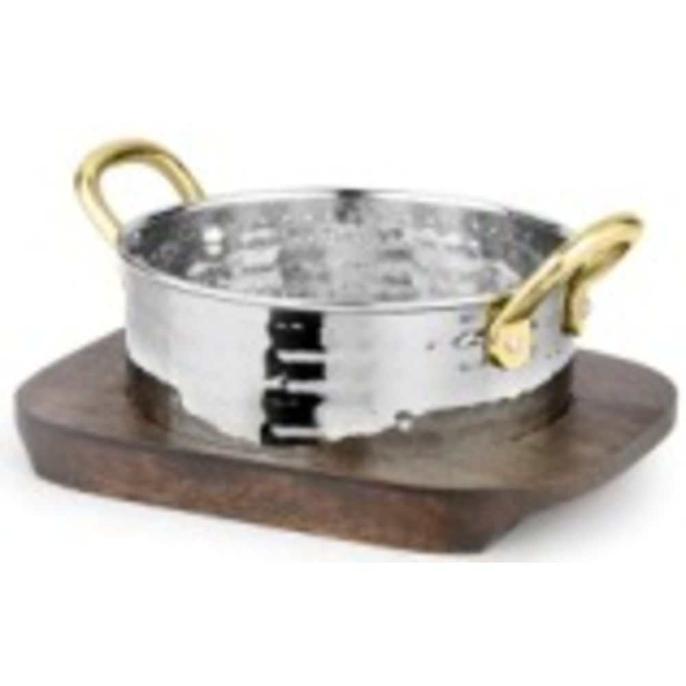 S/Steel Medium Hammered Casserole W/ Vintage Finish Wood Underliner, 13.9 cm/ 5.5"