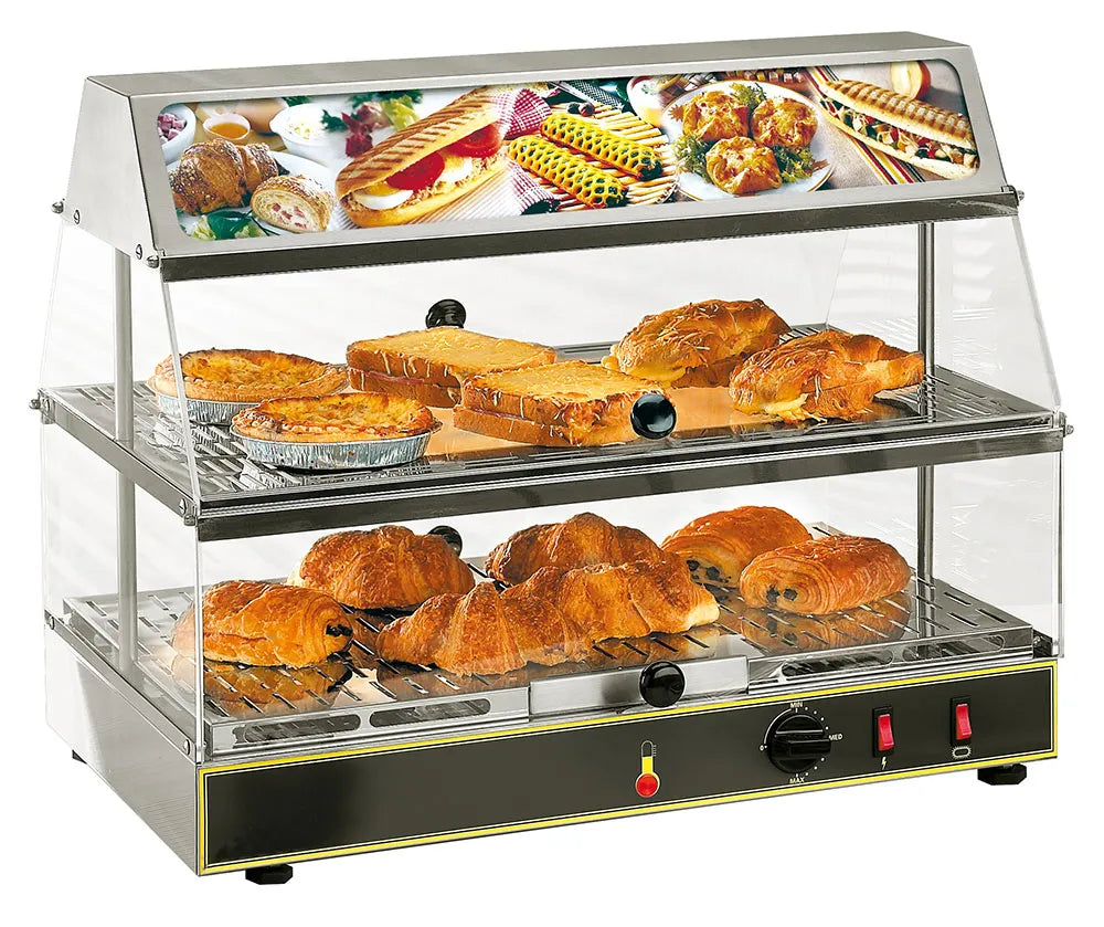 Electric Warming Display with Lighted Top and Graphics – Two Shelves - Dual Service – 120v
