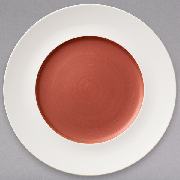 Copper Glow 11 1/4" White Rim with 7" Copper Well Premium Porcelain Flat Coupe Plate - 6/Case