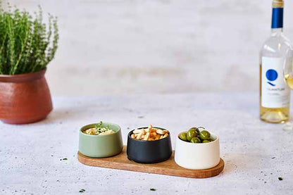 Bites Apero Set - 3 Bowls, 9.5 x 5.5cm / 3 3/4 x 2 1/8" + Board, 32 x 10.5cm /12 5/8 x 4 1/8"