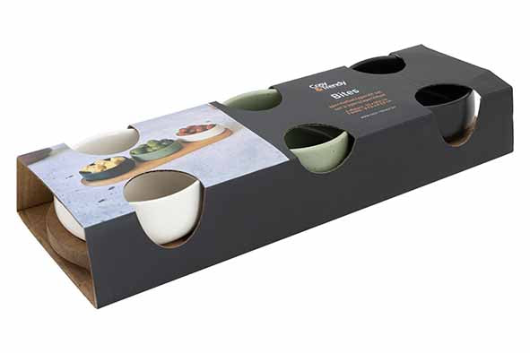 Bites Apero Set - 3 Bowls, 9.5 x 3.5cm / 3 3/4 x 1 3/8" + Board, 32 x 10.5cm /12 5/8 x 4 1/8"