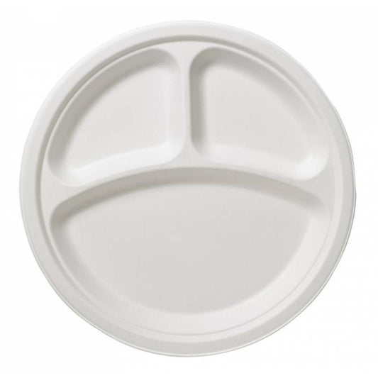 Round Three Compartment Plate, 26 cm, compostable, biodegradable