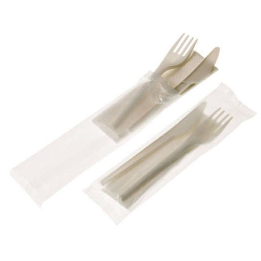 CPLA Cutlery Set (Knife, Fork, Napkin), 16 cm, compostable, biodegradable